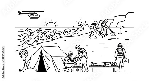 Disaster relief team rescuing injured person on beach with helicopter and medical tent