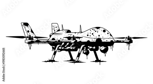 Distressed Military Drone Silhouette with Splatter Effect