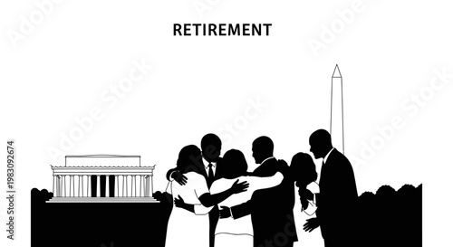 Diverse group of people embracing in front of Washington DC landmarks, symbolizing retirement and unity.