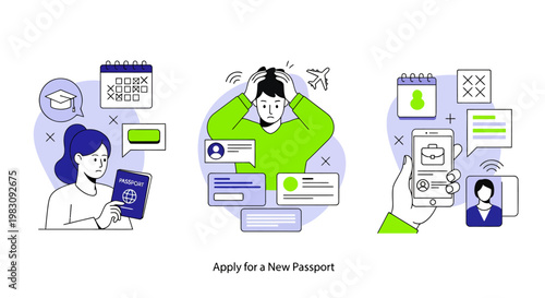 Illustrations Depicting Passport Application Process and Document Submission.