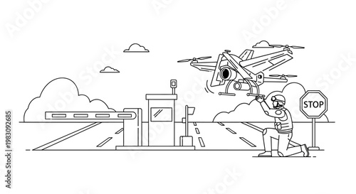 Drone operation at security checkpoint, officer controlling aerial surveillance