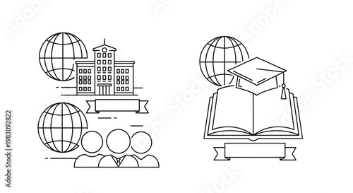 Global Education and Learning Scene Featuring Students, Glass Globe, Books, and Graduation Symbols.