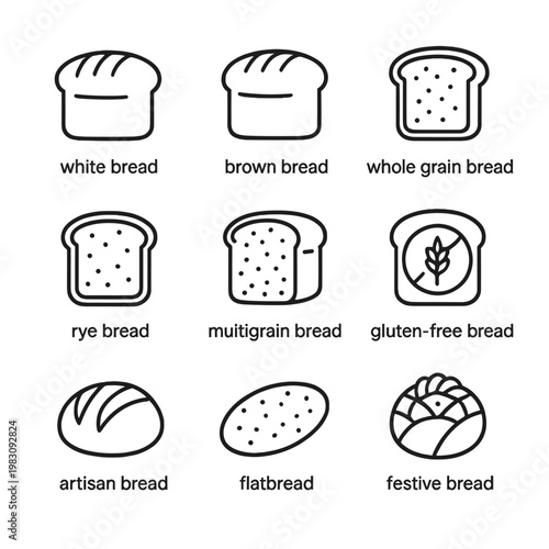 Nine types of bread icons: white, brown, whole grain, rye, multigrain, gluten-free