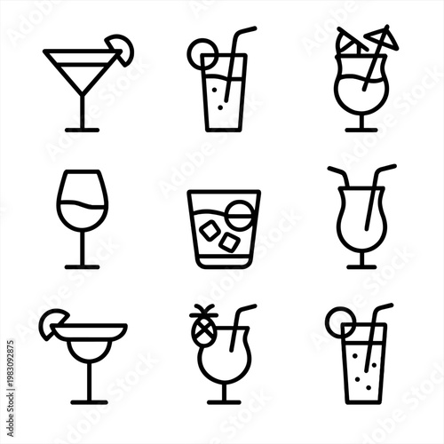 Minimalist cocktail icons set for beverage and bar design projects