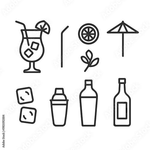 Cocktail icons set featuring glass, garnish, and shaker