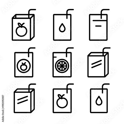 Minimalistic juice box icons with straw in grid pattern on gray background