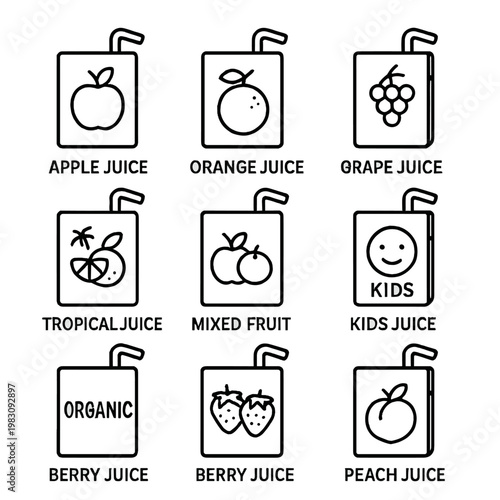 Assorted juice box icons featuring fruit and organic options for kids