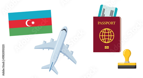 Azerbaijan Travel Essentials: Passport, Airplane, and Flags Collage for Journeys.