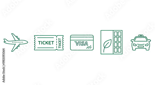 Air travel sequence icons showing airplane, tickets, cards and payment flow.