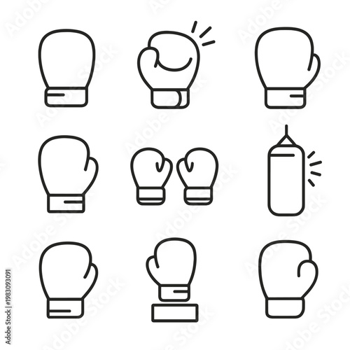 Minimalist boxing gloves and punching bag icon set on gradient background