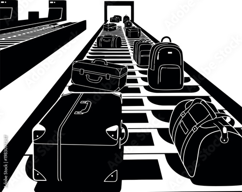 Luggage and bags waiting on airport baggage carousel platform