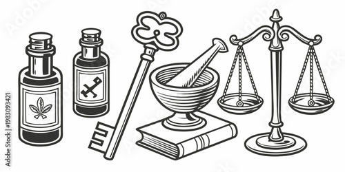 Vintage alchemy pharmacy and justice icons set, vector
