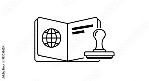 Open passport with globe icon and stamp representing international travel and documentation.