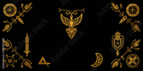Set of gold mystical and occult heraldic symbols, vector