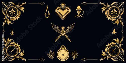Ornate vintage steampunk and heraldic design elements, vector