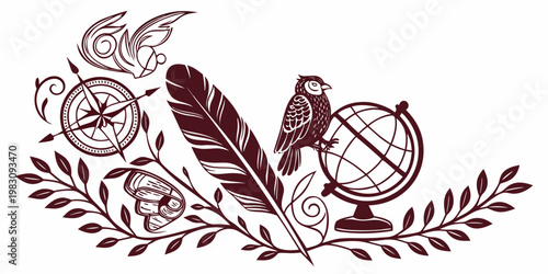 Vintage exploration travel and literature elements illustration, vector