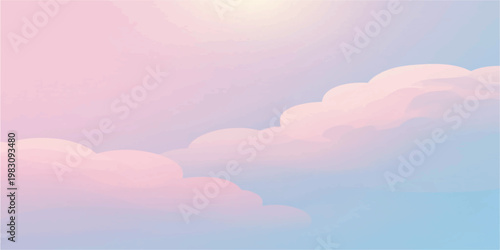 Pink sky with clouds and sun in a bright blue sky day with beautiful soft cloudscape and warm sunlight
