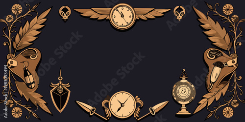 Vintage steampunk ornaments with clocks and wings, vector