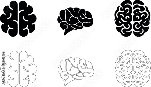 Human brain icon set solid and outline style isolated on white background.