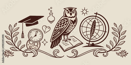Vintage education symbols with owl and graduation cap, vector