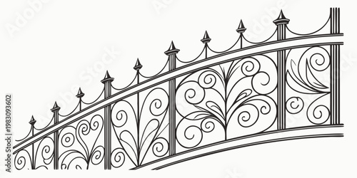 Ornate decorative wrought iron railing with artistic swirls, vector