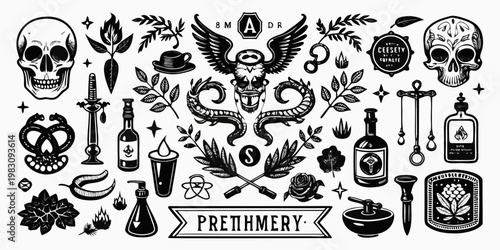 Vintage mystical apothecary and occult design elements set, vector