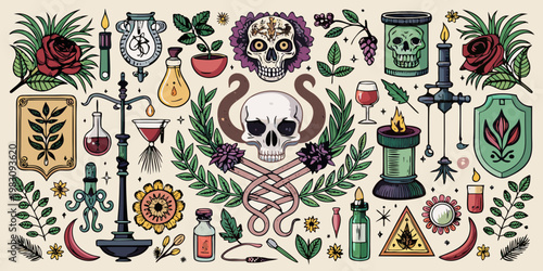 Mystical alchemy and gothic botanical illustration set, vector