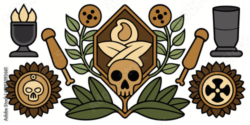 Alchemical ritual elements with skulls and botanical leaves, vector