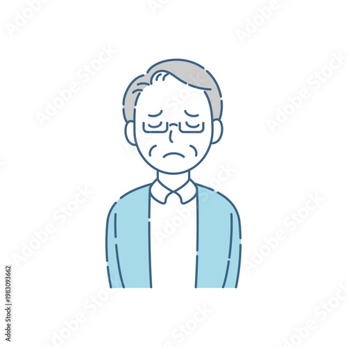 眼鏡をかけたシニア男性 困り顔で目を閉じるシンプルイラスト ブルーグレー