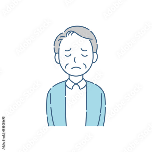 目を閉じて困るシニア男性 シンプルなブルーグレー配色イラスト