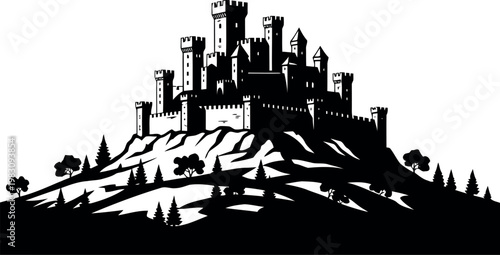 Medieval Castle Perched On Top Of Rolling Hills Landscape Illustration