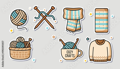 Playful illustrated sticker set of knitting and yarn tools including balls of yarn, needles, scarf, basket and a cozy sweater. Warm, creative and homey craft concept ideal for hobby and DIY projects.