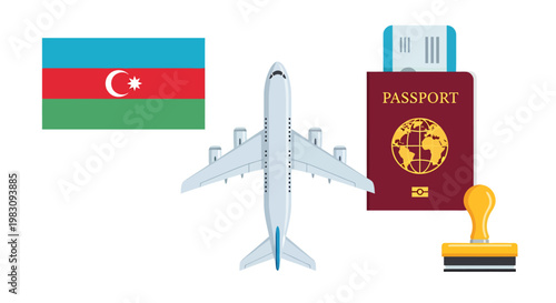 A Azerbaijan Flag, Airplane, and Passport Scene Representing Travel and International Adventure.