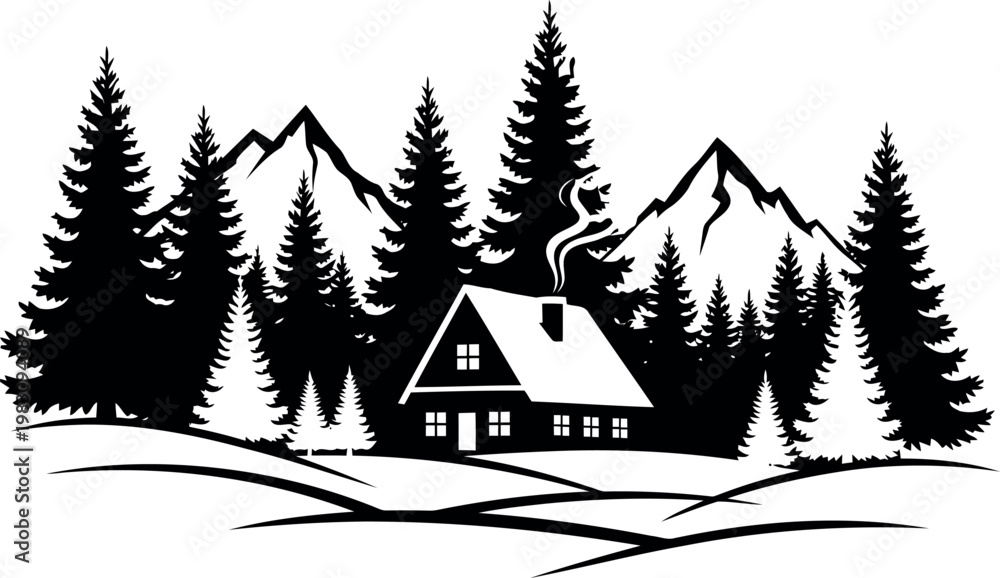 Fototapeta premium Cozy Mountain Cabin Nestled Among Tall Evergreen Trees Scenic Landscape