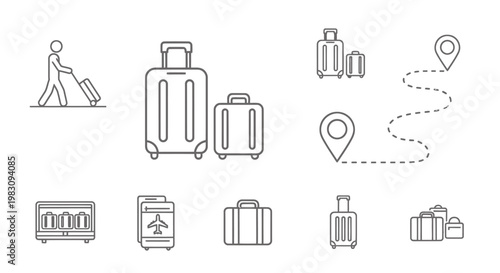 Icon set showing travel essentials such as traveler with luggage, route map, and destination pins.