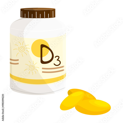 A white supplement bottle of vitamin D3 with sun ornaments, featuring a brown cap and three yellow liquid softgel capsules. Ideal for  immune support, bone health, and nutritional supplement themes.