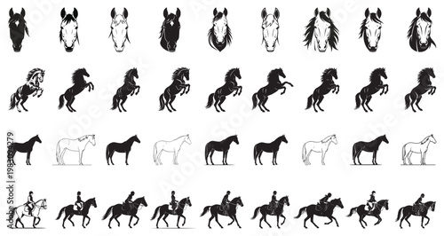 Horse silhouettes set. Jumping horse isolated on white background. Horse head logo.