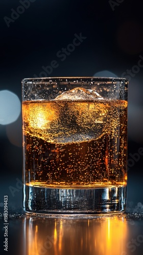 Cold whiskey cocktail with ice and bubbles