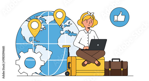 Business traveler woman with laptop, globe, and luggage for travel planning and exploration.