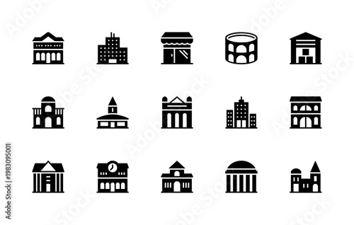 Building and structures vector silhouette icons. Isolated icon collection of buildings station, skyscraper, store, garage, stadium, villa and more.