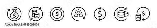 Money circulation related vector linear icons set. Circulation and circle arrow vector design symbol illustration. Vector illustration.