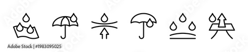 Water resistance related vector linear icons set. Isolated icon collection such as liquid, fluid, float, surface, umbrella, drop, protection and more. Vector illustration.