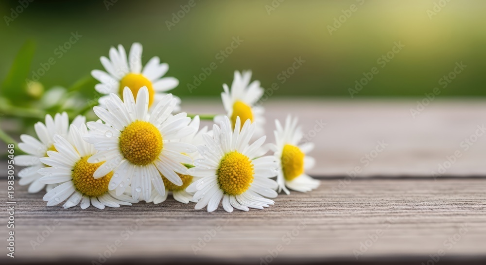 Obraz premium Cluster Of White Daisy Flowers With Yellow Centers And Water Droplets On A Wooden Surface With A Blurred Green Background