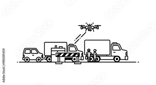 Drone surveying road construction site with trucks and barriers