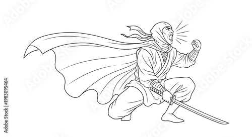 Dynamic Ninja Warrior with Katana Sword, Dramatic Pose, Action, Martial Arts, Japanese Warrior