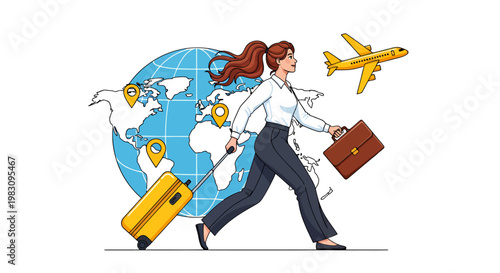 Business traveler on the move with luggage and globe background illustrating global travel and professional journey.