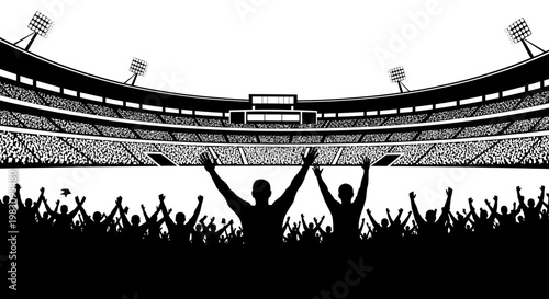 Excited Crowd Cheering at Sports Stadium, Silhouette Fans with Arms Raised