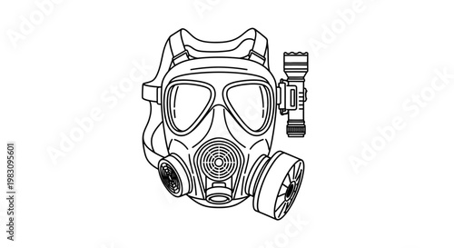 Gas Mask with Flashlight Attachment - Line Art Illustration