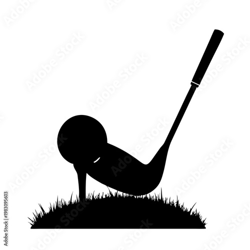 Golf Club and Ball on Grass Silhouette Vector Illustration
