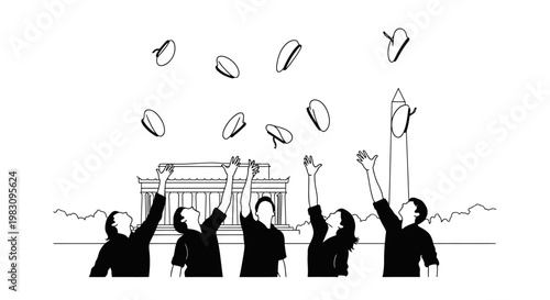 Graduation Celebration: Students Toss Caps in Front of Monument